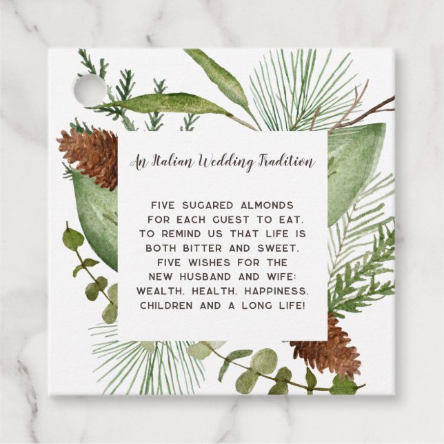 Rustikale Koniferzweige Kiefernzapfen Hochzeit Geschenkanhänger (Vorderseite)