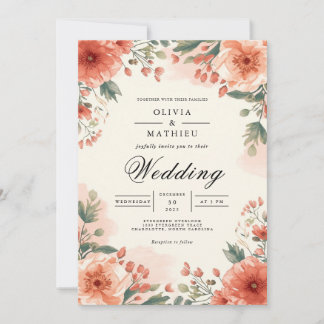 Rustikale Korallen-Blüten-Rand-Hochzeit Einladung
