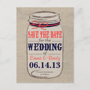 Rustikale Korallen & Navy Mason Jar Save the Date Ankündigungspostkarte