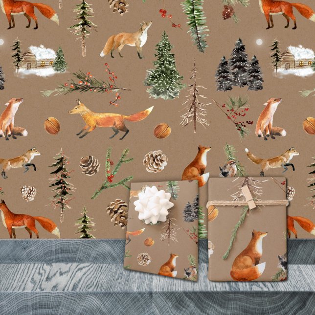 Rustikale Kraft Alles Wald Wald Red Fox Geschenkpapier Set (Rustic Kraft Everything Forest Woodland Red Fox Christmas Holiday Gift Wrapping Paper Sheets Trio)