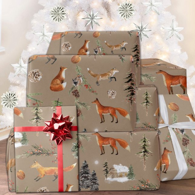 Rustikale Kraft Alles Wald Wälder Roten Füchse Geschenkpapier (Rustic Kraft Everything Forest Woodland Red Foxes Christmas Holiday Wrapping Paper Rolls)
