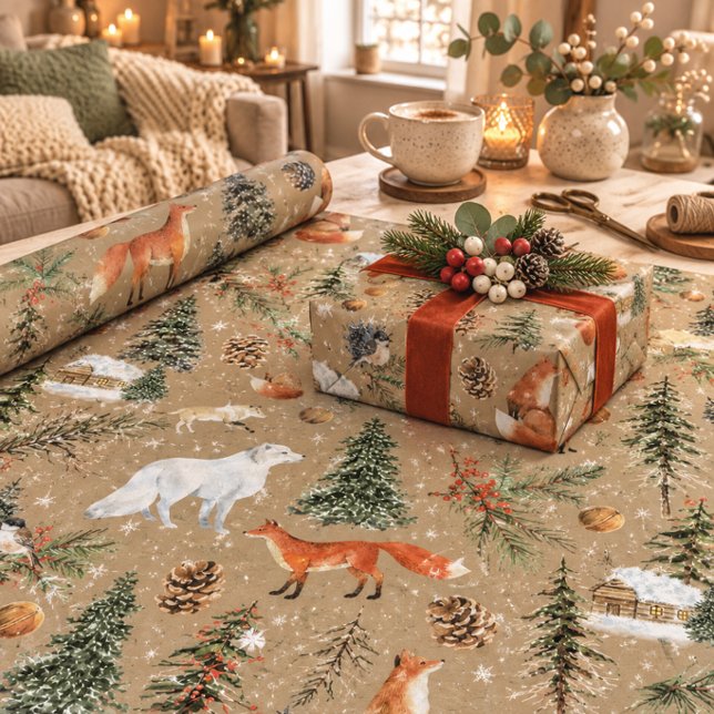 Rustikale Kraft Alles Waldland & Arktischer Fuchs Geschenkpapier (Von Creator hochgeladen)