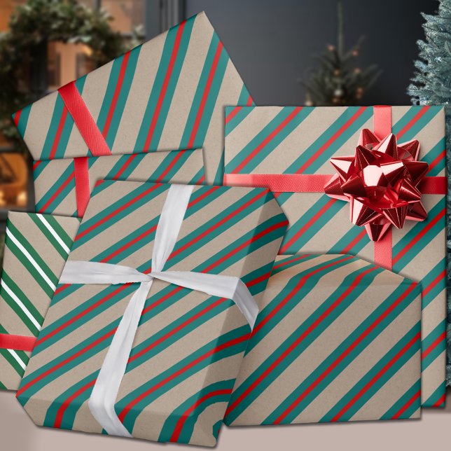 Rustikale Kraft Aquamarin-grüner Roter Streifen Ur Geschenkpapier (Rustic Kraft Teal Green Red Wide Stripe Holiday Wrapping Paper in 30 inch tall 6 & 15 ft long rolls)