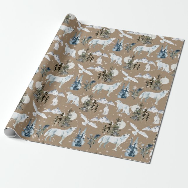 Rustikale Kraft Arctic Hare Wolf Fox Snowy Wrappi Geschenkpapier (Ungerollt)