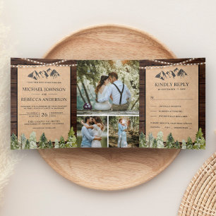 Rustikale Kraft Bergwald Foto Collage Hochzeit Dreifach Gefaltete Einladung