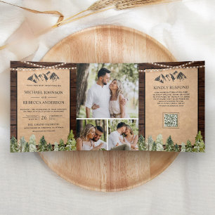 Rustikale Kraft-Bergwald-Foto-QR-Code-Hochzeit Dreifach Gefaltete Einladung