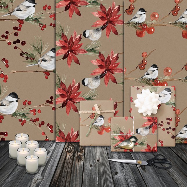Rustikale Kraft Black Cap Chickadevögel & Berries Geschenkpapier Set (Rustic Kraft Black Cap Chickadee Birds & Berries Christmas Holiday Gift Wrapping Paper Sheets Trio)