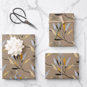 Rustikale Kraft Black Gold Floral Winter Greenerie Geschenkpapier Set