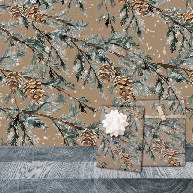 Rustikale Kraft Blue Juniper Tree Branchen und Con Geschenkpapier Set (Rustic Kraft Blue Juniper Tree Branches And Cones Wrapping Paper Sheets Trio)
