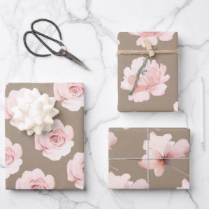 Rustikale Kraft Blush Peach Peony Blume Bläschen Geschenkpapier Set