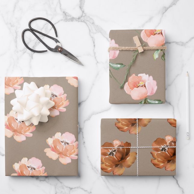 Rustikale Kraft-Blush-Peach- und Cognac-Blume Geschenkpapier Set (Vorderseite)