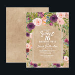 Rustikale Kraft Boho Pflaume Blush Blumensüß 16 Einladung<br><div class="desc">Schönes Pflaume lila und rot rosa botanische boho-Stil Aquarell-Blüte auf rustikal braunes Kraftpapier Sweet 16 Geburtstagsfeier Einladung.</div>
