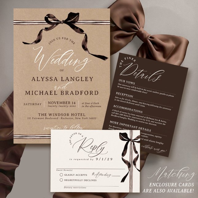 Rustikale Kraft-Braun-Aquarell-Schleife QR-Code-Ho Einladung (Brown watercolor bow rustic kraft wedding invitation matching formal rsvp & details cards set )
