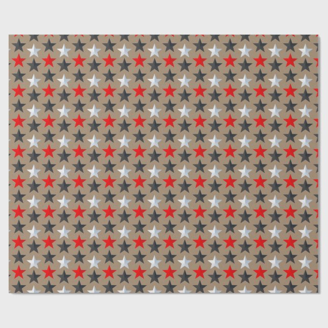Rustikale Kraft Bright Black Red Silver Stars Geschenkpapier (Flach)