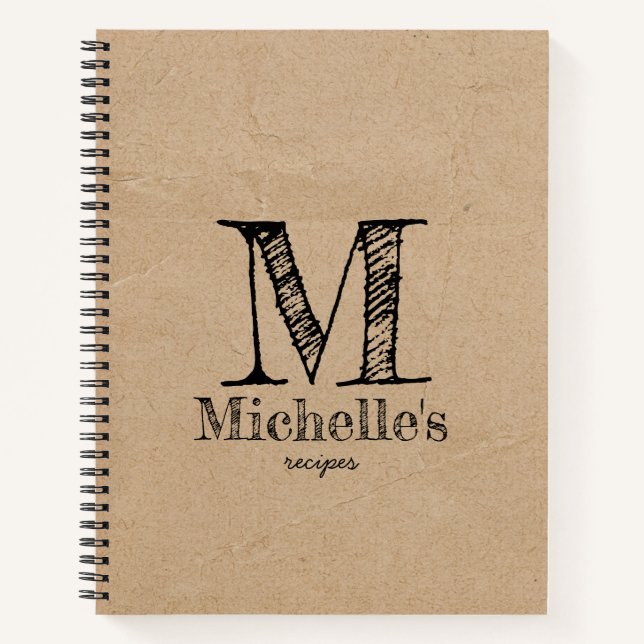 Rustikale Kraft Brown Paper Look Monogram Rezepte Notizbuch (Vorderseite)