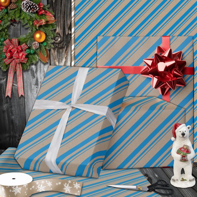 Rustikale Kraft Capri Blue Stripes Holiday Geschenkpapier (Capri Blue Candy Cane Stripe Holiday Wrapping Paper Rolls in 6 and 15 foot rolls.)