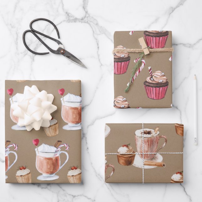 Rustikale Kraft Cupcakes Kakao und Lattes Geschenkpapier Set (Vorderseite)
