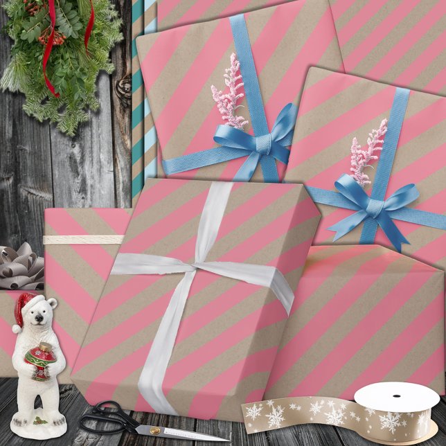 Rustikale Kraft Dusty Rose Rosa Breitband Urlaub Geschenkpapier (Rustic Kraft Dusty Rose Pink Wide Stripe Holiday Wrapping Paper in 6 & 15 foot rolls of 30 inch wide)