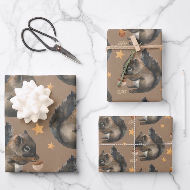 Rustikale Kraft-Eichhörnchen & Gold-Stars Geschenkpapier Set (Vorderseite)