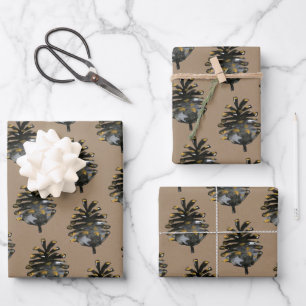 Rustikale Kraft Elegante Black Gold Pine Cones Geschenkpapier Set
