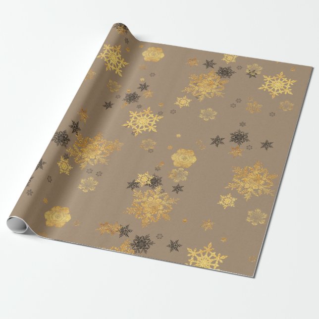 Rustikale Kraft Elegante Gold Schneeflocken Geschenkpapier (Ungerollt)