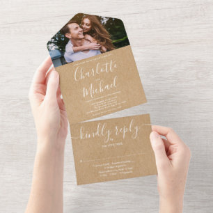 Rustikale Kraft Elegante Moderne Schrift Foto-Hoch All In One Einladung