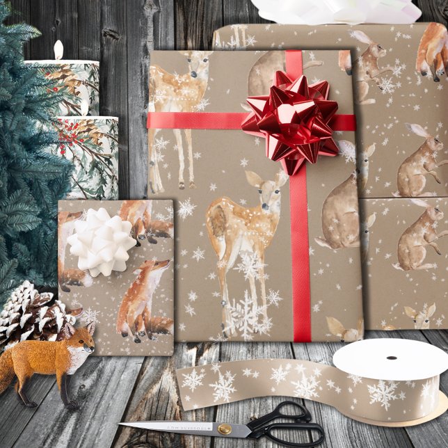 Rustikale Kraft Elegante Wintertiere Schneeflocken Geschenkpapier (Rustic Kraft Elegant Winter Animals Snowflakes Wrapping in 6 and 15 foot long 30 Inch Width Rolls
)