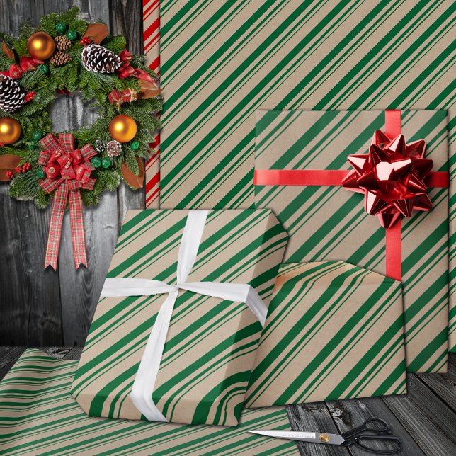 Rustikale Kraft Forest Green Candy Stripes Holiday Geschenkpapier (Forest Green Candy Cane Stripe Holiday Wrapping Paper Rolls in 6 and 15 foot rolls.)