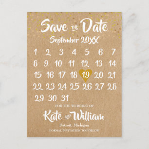 Rustikale Kraft Gold Herz Kalender Save-the-Date-K Postkarte