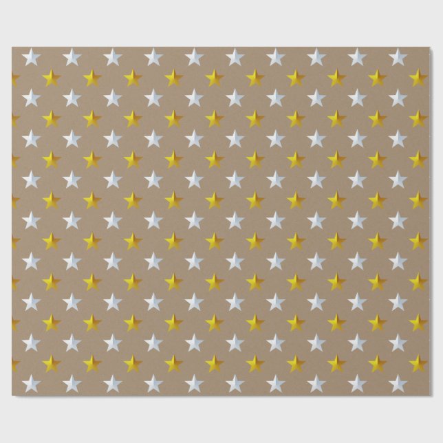 Rustikale Kraft Gold Silver Stars Geschenkpapier (Flach)