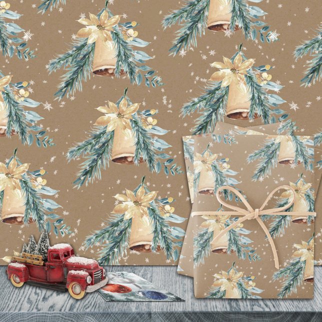 Rustikale Kraft Golden Christmas Bells klingeln Geschenkpapier Set (Rustic Kraft Golden Christmas Bells Are Ringing Holiday Gift Wrapping Paper Sheets Trio)