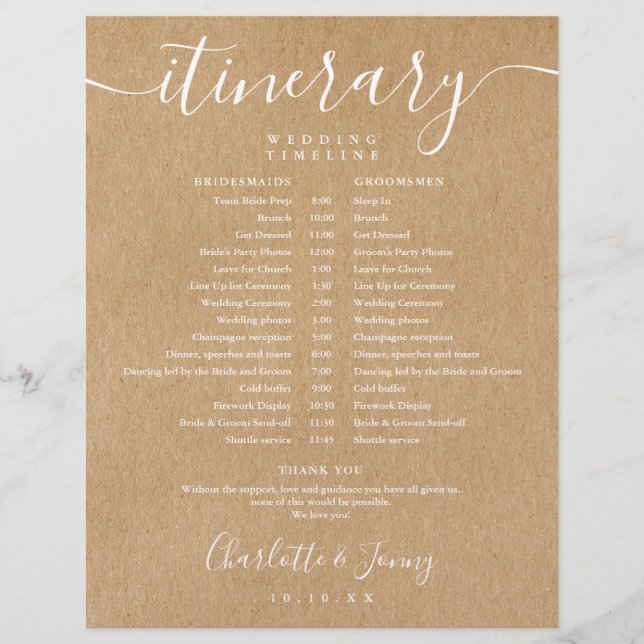 Rustikale Kraft-Hochzeitsplan-Zeitplan (Vorderseite)