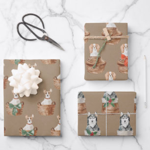 Rustikale Kraft Hunde in einem Korbgeflecht Geschenkpapier Set