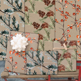 Rustikale Kraft Juniper Pine Cones & Ilex Berries Geschenkpapier Set