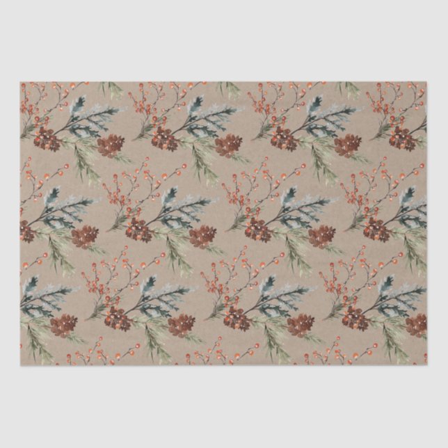 Rustikale Kraft Juniper Pine Cones Ilex Berries Seidenpapier (Vorderseite)