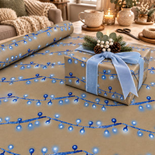 Rustikale Kraft Leuchtend Blaue Weihnachts-Lichter Geschenkpapier
