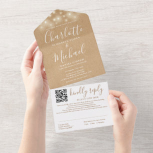 Rustikale Kraft-Lichterkette QR-Code-Hochzeit All In One Einladung