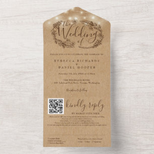 Rustikale Kraft-Lichterkette QR-Code-Hochzeit All In One Einladung