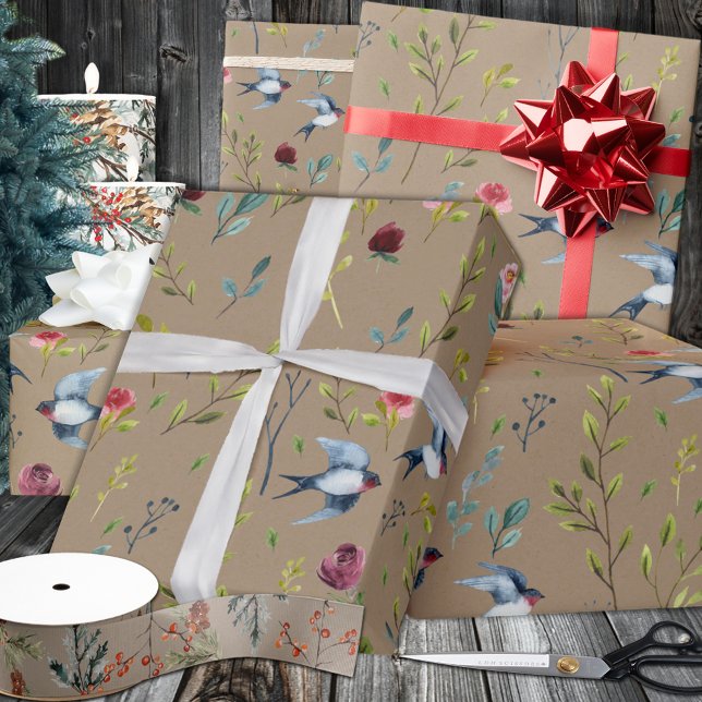Rustikale Kraft Lila Martins Birds Wintergarten Geschenkpapier (Rustic Kraft Purple Martins Birds Winter Garden Wrapping in 6 and 15 foot long 30 Inch Width Rolls
)