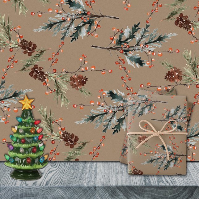 Rustikale Kraft Mixed Spruce Pine Cones Red Berrie Geschenkpapier Set (Rustic Kraft Mixed Spruce Pine Cones Red Berries Christmas Holiday Gift Wrapping Paper Sheets Trio
)