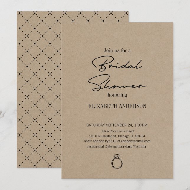 Rustikale Kraft Moderne Schrift mit Ring-Brautpart Einladung (Vorne/Hinten)