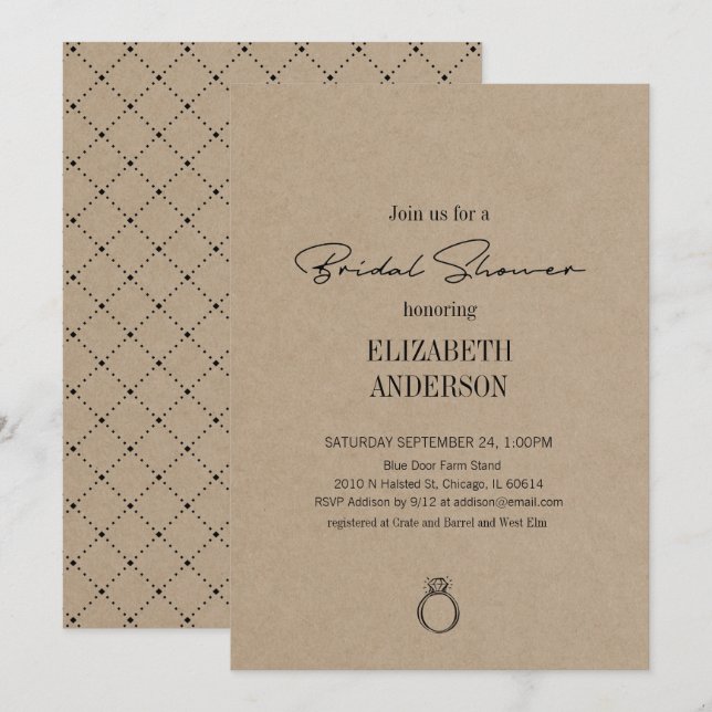 Rustikale Kraft Moderne Schrift mit Ring-Brautpart Einladung (Vorne/Hinten)