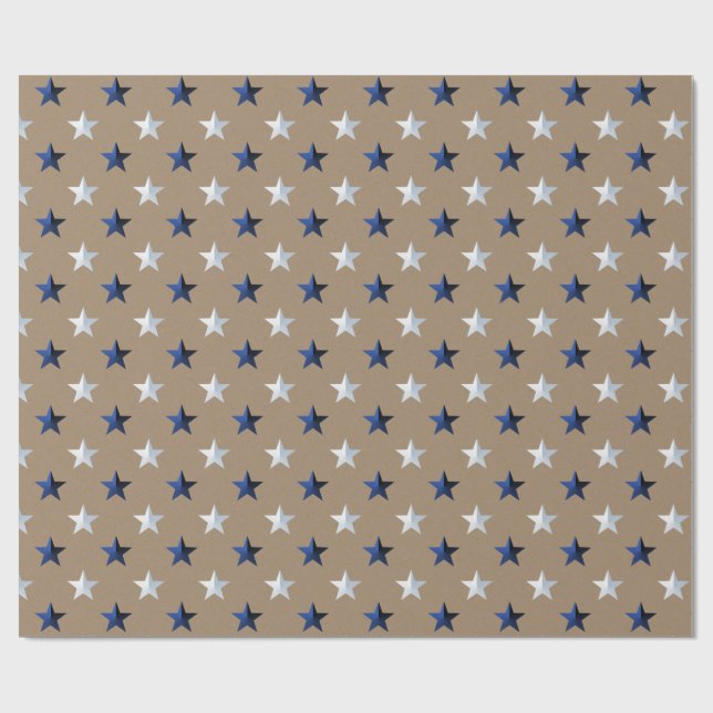Rustikale Kraft Navy Blue Silver Stars Holiday Geschenkpapier (Flach)