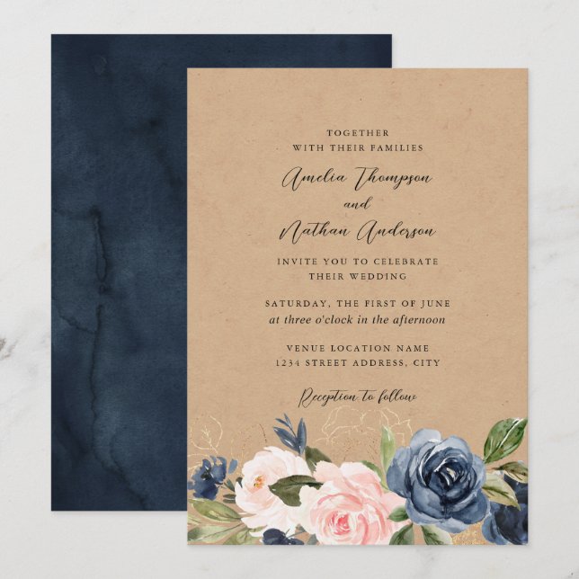 Rustikale Kraft Navy Blush Florale Hochzeit Einladung (Vorne/Hinten)