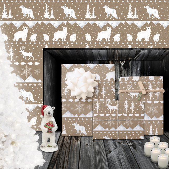 Rustikale Kraft Nordic Sweater White Winter Animal Geschenkpapier Set (Rustic Kraft Nordic Sweater White Winter Animals Wrapping Paper Sheets)