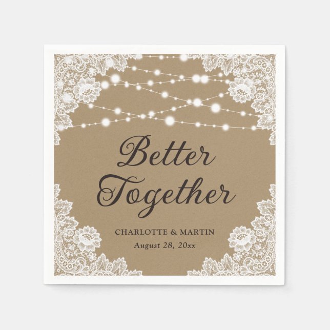 Rustikale Kraft Papier-Spitzen-Lichter Hochzeit Serviette (Vorderseite)