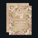 Rustikale Kraft Pink Aquarell Blumensüß 16 Einladung<br><div class="desc">Schöne rosa botanische boho-Stil Aquarellblume Sweet 16 Geburtstagsfeier Einladung auf rustikal braunes Kraftpapier Hintergrund.</div>