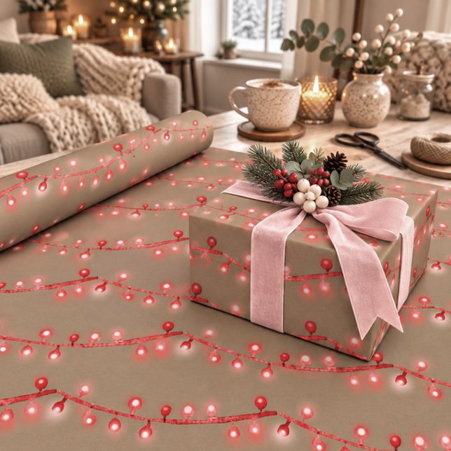 Rustikale Kraft-Pink- und Rot-Weihnachts-Lichterke Geschenkpapier (Von Creator hochgeladen)