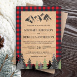 Rustikale Kraft Red Buffalo Kariert Mountain Weddi Einladung<br><div class="desc">Erleben Sie Ihren Aufenthalt mit dieser eleganten Waldhochzeit, die mit immergrünen Kiefern und felsigen Bergen mit einer auffälligen Typografie aufwartet. Fügen Sie einfach Ihre Veranstaltungsdetails zu dieser einfach zu bedienenden Vorlage hinzu, um sie zu einer einmaligen Einladung zu machen. Dreh die Karte auf, um ein kariertes rotes Büffel auf der...</div>