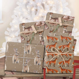 Rustikale Kraft Red Fox Doe Hare & Snowflakes Geschenkpapier Set